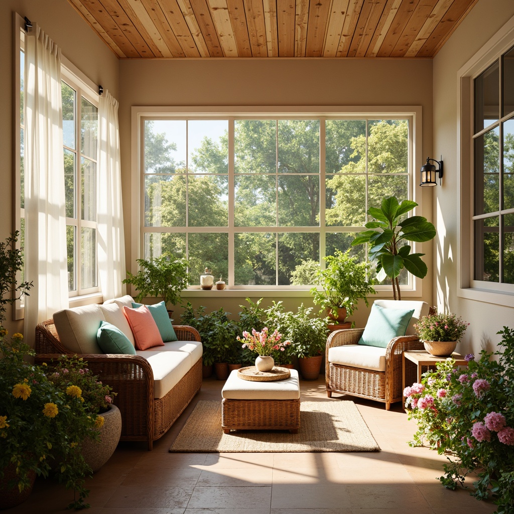 Prompt: Vibrant sunroom, warm beige walls, natural wood accents, lush greenery, blooming flowers, comfortable wicker furniture, soft cushions, pastel-colored throw pillows, sheer white curtains, large windows, abundant sunlight, bright coral hues, calming turquoise tones, creamy whites, earthy browns, refreshing mint greens, soft peach shades, subtle texture overlays, warm golden lighting, shallow depth of field, 1/1 composition, realistic reflections, ambient occlusion.