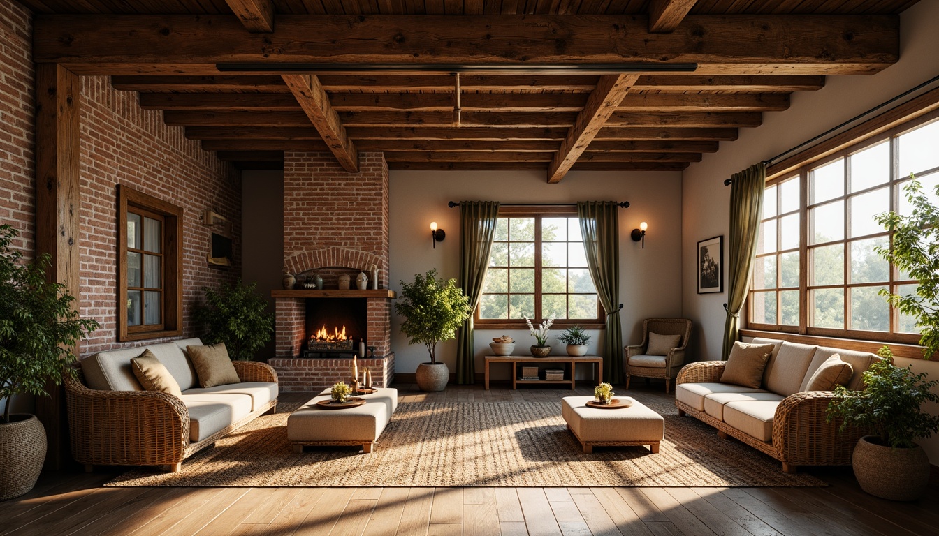 Prompt: Rustic farmhouse, exposed wooden beams, distressed brick walls, vintage metal accents, reclaimed wood floors, earthy color palette, natural stone fireplaces, woven wicker furniture, plush velvet upholstery, soft candlelight, warm afternoon sunbeams, shallow depth of field, 2/3 composition, realistic textures, ambient occlusion.