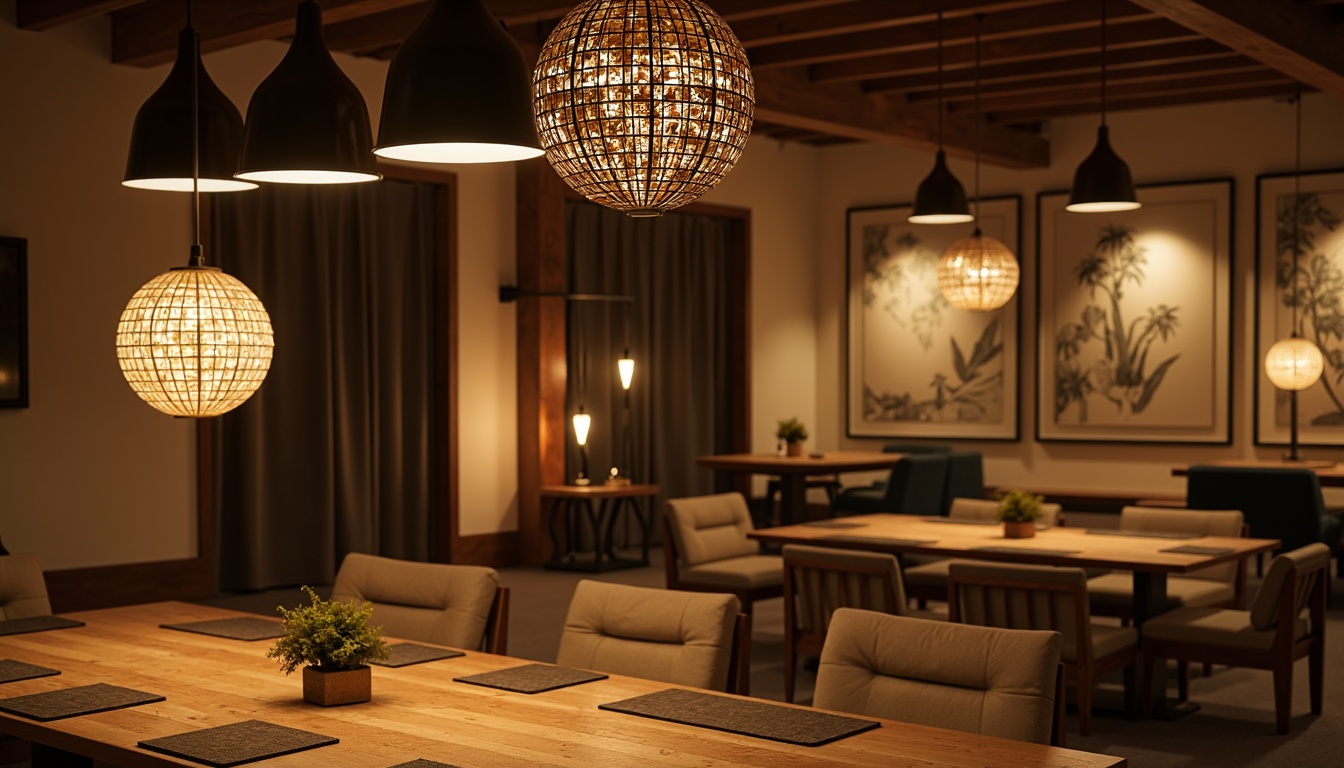 Prompt: Mid-century modern interior, warm ambient lighting, sleek metal fixtures, minimalist design, spherical pendant lamps, geometric-patterned shades, wooden accents, natural textiles, earthy color palette, organic shapes, 3/4 composition, softbox lighting, subtle shadows, realistic materials, ambient occlusion.