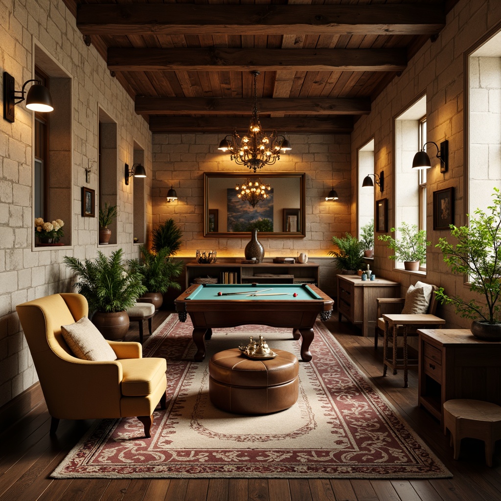 Prompt: Cozy game room, rustic wooden accents, soft warm lighting, distressed stone walls, vintage furniture pieces, plush velvet fabrics, ornate metal chandeliers, candlelit ambiance, warm beige tones, natural linen textures, aged leather armchairs, rich wood paneling, antique decorative items, subtle rustic charm, French country flair, warm golden glow, softbox lighting, shallow depth of field, 2/3 composition, realistic renderings.