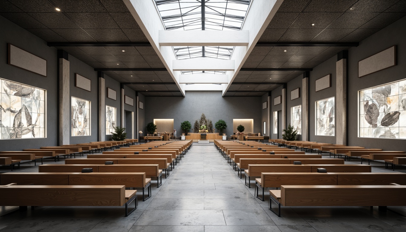 Prompt: Minimalist worship space, industrial chic aesthetic, rectangular wooden pews, steel pipe framing, cantilevered roofs, large skylights, natural light pouring in, monochromatic color scheme, geometric patterns, tubular metal chairs, minimalist altarpieces, abstract stained glass windows, brutalist concrete floors, functional simplicity, 1/1 composition, soft diffused lighting, subtle shadows, atmospheric ambiance.