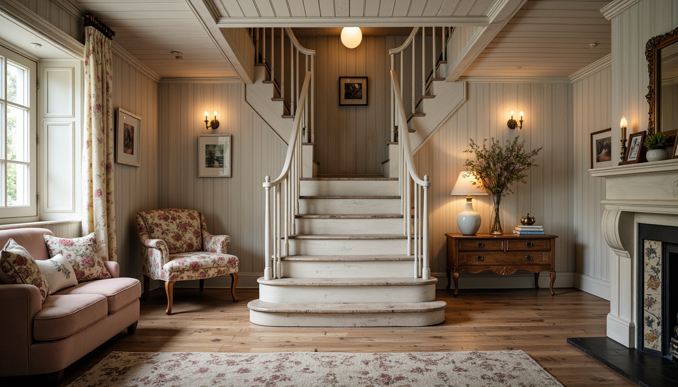 Prompt: Distressed wooden stairs, soft pastel colors, vintage ornate banisters, elegant curvatures, subtle worn textures, rustic metal railings, warm candlelight ambiance, cozy reading nooks, plush area rugs, floral patterned upholstery, delicate lace curtains, antique furniture pieces, distressed wooden flooring, shabby-chic decor accents, romantic ambiance, soft natural light, 1/1 composition, intimate close-up shot, realistic wood grain textures.