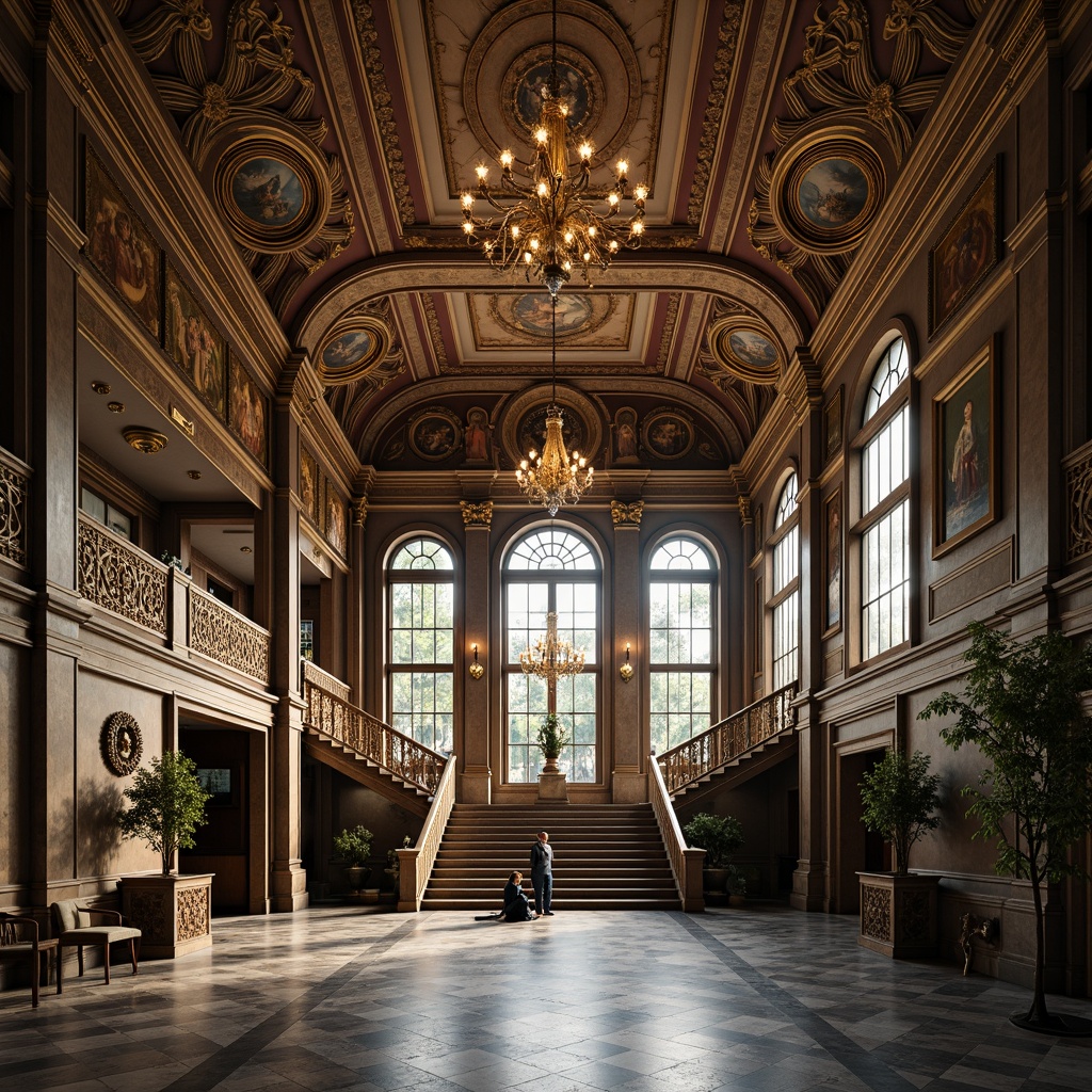 Prompt: Intricate stone carvings, ornate frescoes, golden accents, grandiose archways, ribbed vaulted ceilings, stained glass windows, rich tapestries, lavish chandeliers, imposing pillars, marble floors, grand staircase, dramatic lighting, high contrast shadows, warm color palette, soft focus effect, 1/1 composition, symmetrical framing, atmospheric perspective.