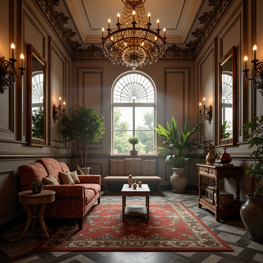 Prompt: Ornate chandeliers, lavish candelabras, intricately carved wooden furniture, luxurious velvet fabrics, metallic accents, crystal decorations, grandiose mirrors, elegant vases, exotic potted plants, refined marble floors, sophisticated patterned rugs, warm ambient lighting, soft focus blur, atmospheric mist, 1/2 composition, symmetrical framing, realistic reflections.