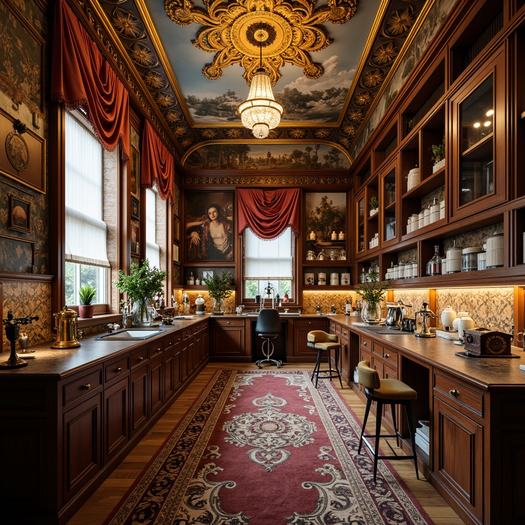 Prompt: Intricate laboratory equipment, ornate golden accents, lavish Rococo details, curved wooden cabinetry, luxurious velvet drapes, sparkling crystal chandeliers, intricate fresco ceilings, richly patterned rugs, antique scientific instruments, gleaming brass fixtures, soft warm lighting, shallow depth of field, 3/4 composition, panoramic view, realistic textures, ambient occlusion.