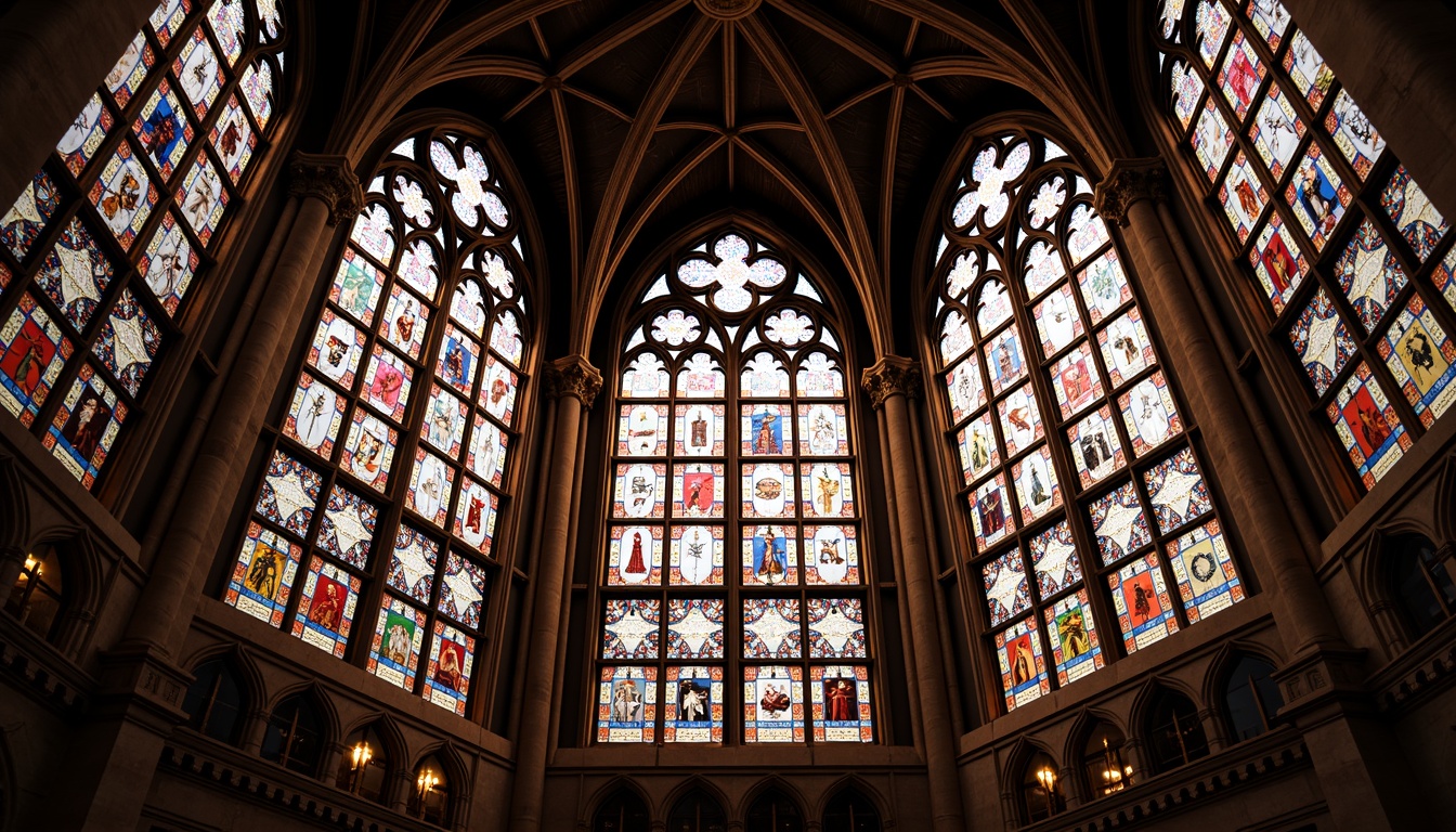 Prompt: Vibrant stained glass windows, kaleidoscope colors, intricate glasswork patterns, ornate metal frames, gothic architectural style, grand cathedral ceilings, sacred atmosphere, warm golden lighting, soft diffused shadows, high contrast ratio, 1/1 composition, symmetrical reflection, rich textures, mystical ambiance.