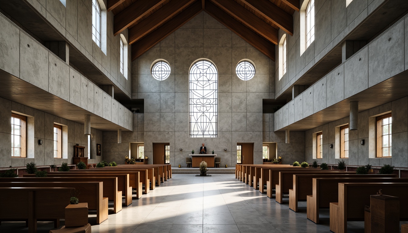 Prompt: Geometric chapel, angular lines, minimalist ornamentation, stained glass windows, brutalist concrete walls, asymmetrical facades, open floor plans, industrial metal beams, functional simplicity, sacred spaces, monochromatic color schemes, dramatic natural light, high ceilings, cantilevered balconies, abstract geometric patterns, spiritual ambiance, modernist architectural elements, symmetrical compositions, 3/4 perspective view, shallow depth of field, warm diffused lighting.