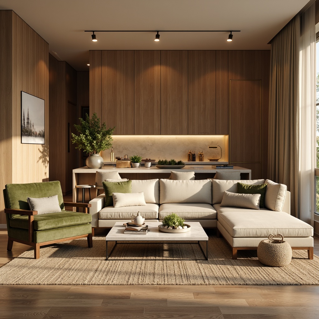 Prompt: Earthy tone living room, warm beige walls, rich walnut wood furniture, soft sage green accents, creamy white marble countertops, plush velvet textiles, natural jute rug, cozy ambient lighting, 1/1 composition, shallow depth of field, realistic textures, subtle gradient effects, warm golden hour, inviting atmosphere.