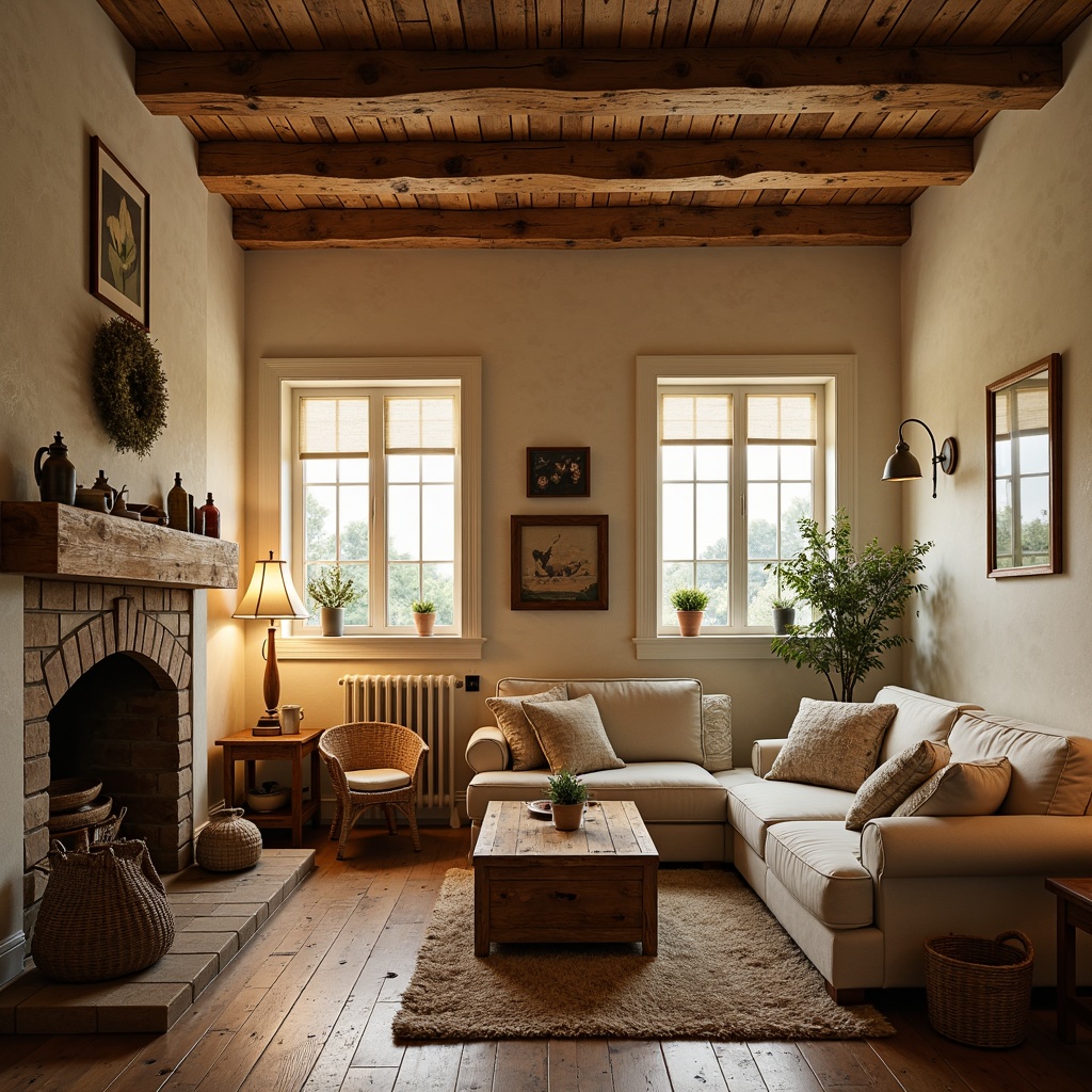 Prompt: Rustic farmhouse interior, warm earthy tones, wooden accents, vintage decorative items, distressed finishes, soft warm lighting, table lamps, pendant lights, exposed beams, natural textiles, woven baskets, country-style furniture, cozy reading nooks, comfortable plush sofas, warm beige walls, creamy white trim, soft pastel colors, ambient lighting, 1/2 composition, realistic textures, soft shadows.