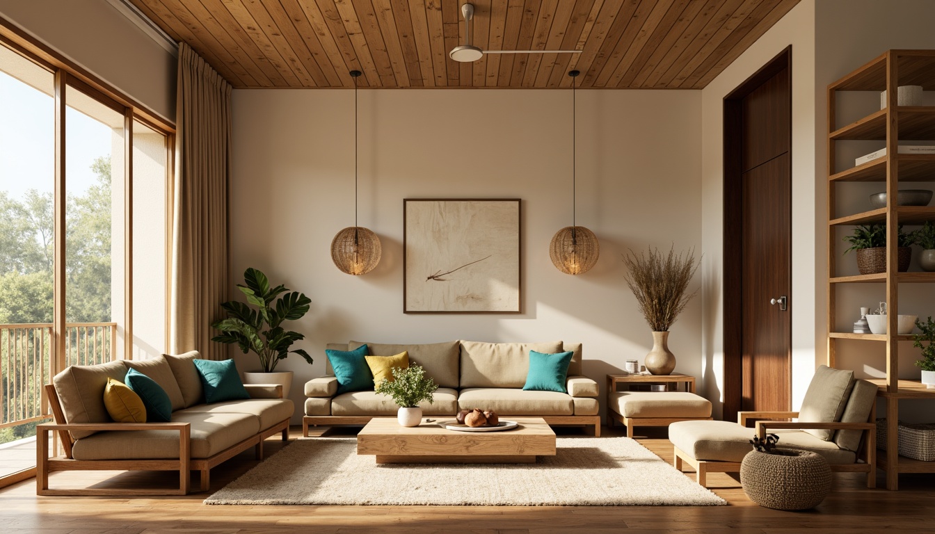 Prompt: Cozy living room, warm beige walls, rich walnut flooring, plush velvet sofas, soft golden lighting, natural linen drapes, minimalist decor, calming atmosphere, earthy tone accents, rustic wooden furniture, comfortable sectional seating, vibrant turquoise throw pillows, subtle patterned rugs, modern chrome fixtures, airy open shelving, serene ambiance, 1/1 composition, warm color harmony, inviting textures.