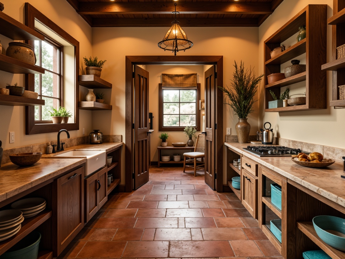 Prompt: Southwestern-style pantry, warm earthy tones, terracotta flooring, rustic wooden cabinets, turquoise accents, woven textiles, natural stone countertops, honed granite surfaces, rich brown wood trim, pendant lighting, cozy ambient atmosphere, soft warm glow, shallow depth of field, 1/1 composition, realistic textures, ambient occlusion.