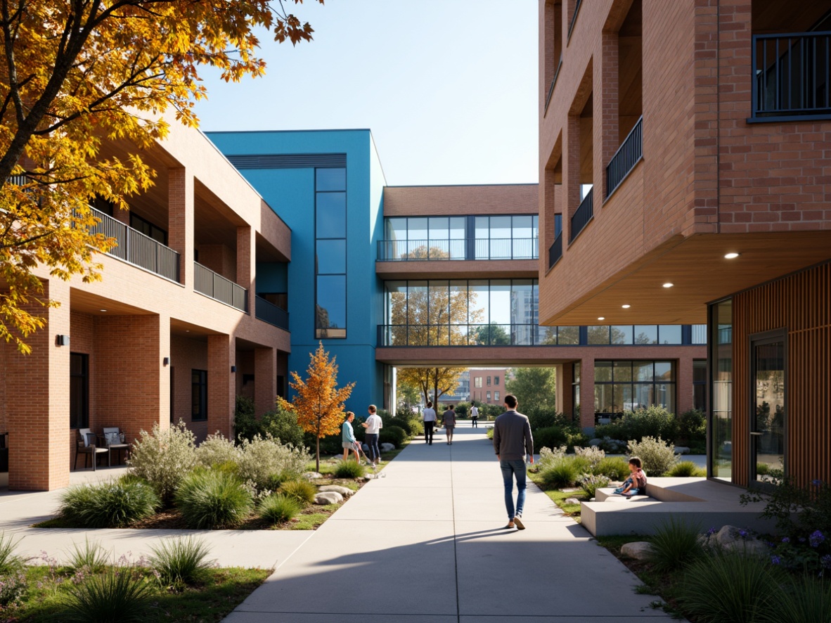 Prompt: Vibrant university campus, modern educational buildings, bold brick fa\u00e7ades, accents of bright blue, warm beige tones, rich wood textures, sleek metal details, glass atriums, abundant natural light, soft warm glow, shallow depth of field, 3/4 composition, panoramic view, realistic textures, ambient occlusion.