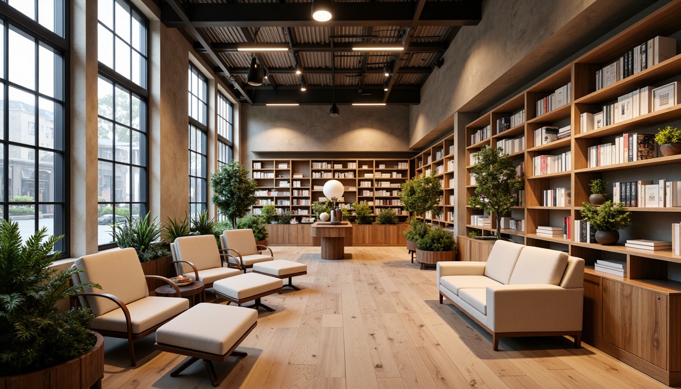 Prompt: Minimalist bookstore interior, wooden shelves, neatly stacked books, soft warm lighting, comfortable reading nooks, plush armchairs, floor-to-ceiling windows, natural wood flooring, industrial metal beams, subtle color palette, calm atmosphere, quiet background music, modern Scandinavian furniture, greenery accents, warm beige tones, cozy corners, 1/1 composition, shallow depth of field, realistic textures, ambient occlusion.