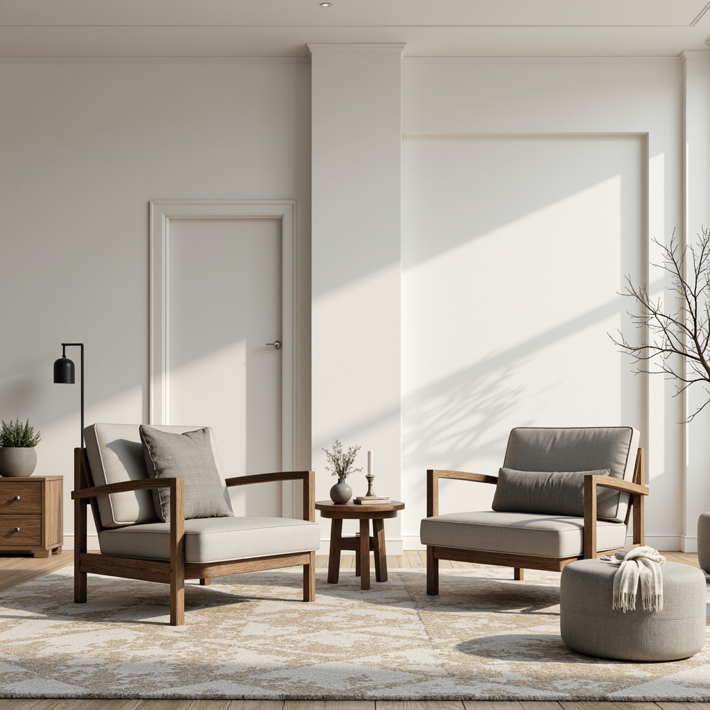 Prompt: Monochromatic interior, clean lines, minimal ornamentation, creamy whites, soft grays, taupe accents, matte finishes, natural textiles, reclaimed wood furniture, industrial metal frames, geometric patterns, subtle textures, ambient lighting, soft shadows, 1/1 composition, realistic renderings.