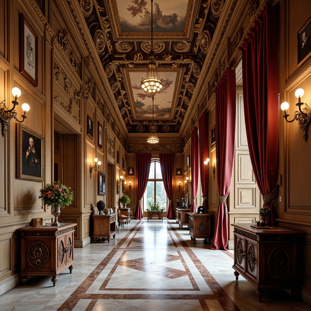 Prompt: Grand museum hallway, ornate Renaissance-style interior, marble flooring, intricately carved wooden panels, gilded frames, lavish chandeliers, rich velvet drapes, antique furniture pieces, ornamental vases, fresco ceilings, dramatic archways, soft warm lighting, shallow depth of field, 1/2 composition, realistic textures, ambient occlusion.