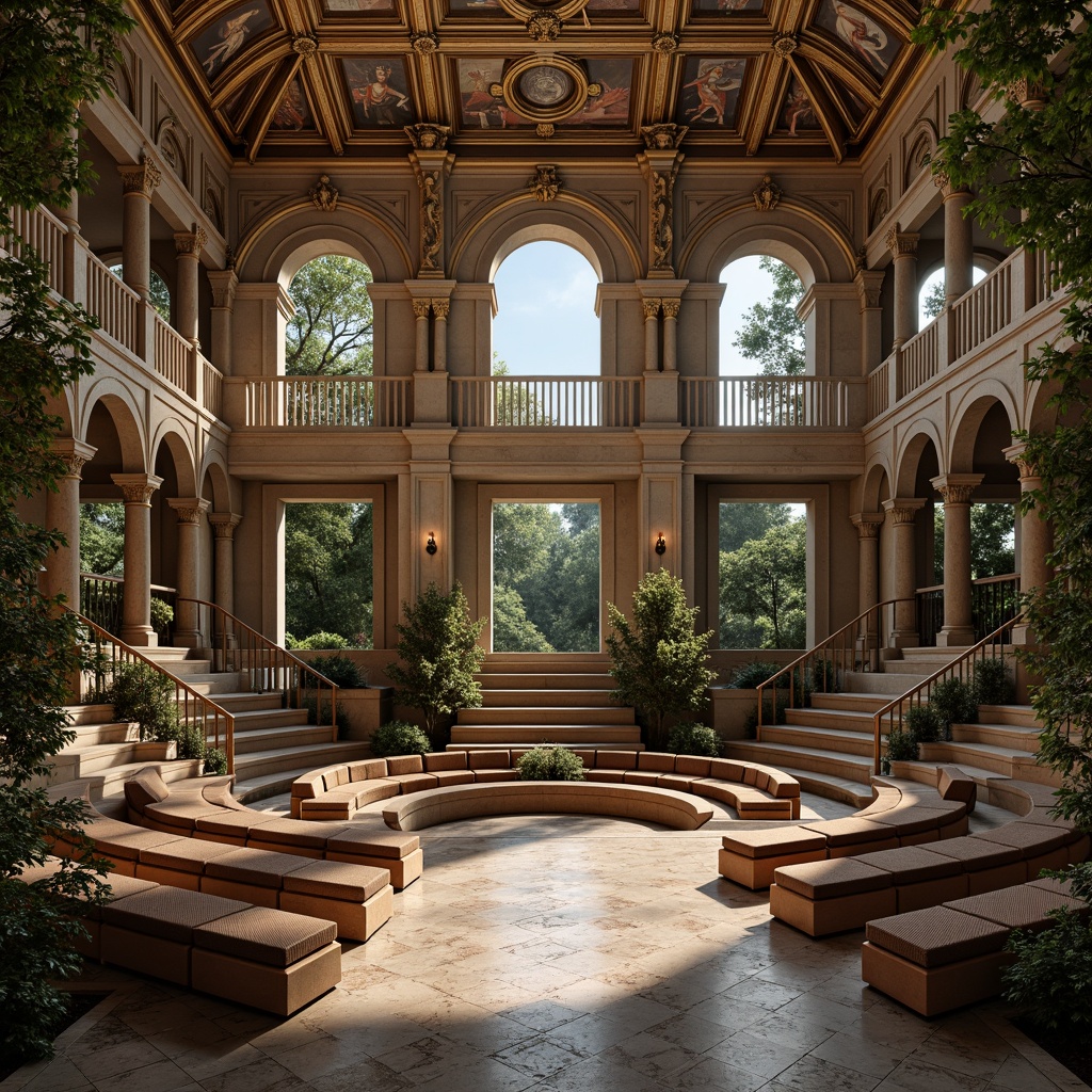 Prompt: Elegant Renaissance amphitheater, ornate stone columns, grand archways, lush greenery, tiered seating areas, curved wooden benches, velvet cushions, golden accents, intricate carvings, fresco ceilings, dramatic spotlights, warm ambient lighting, shallow depth of field, 1/2 composition, symmetrical layout, realistic textures, ambient occlusion.