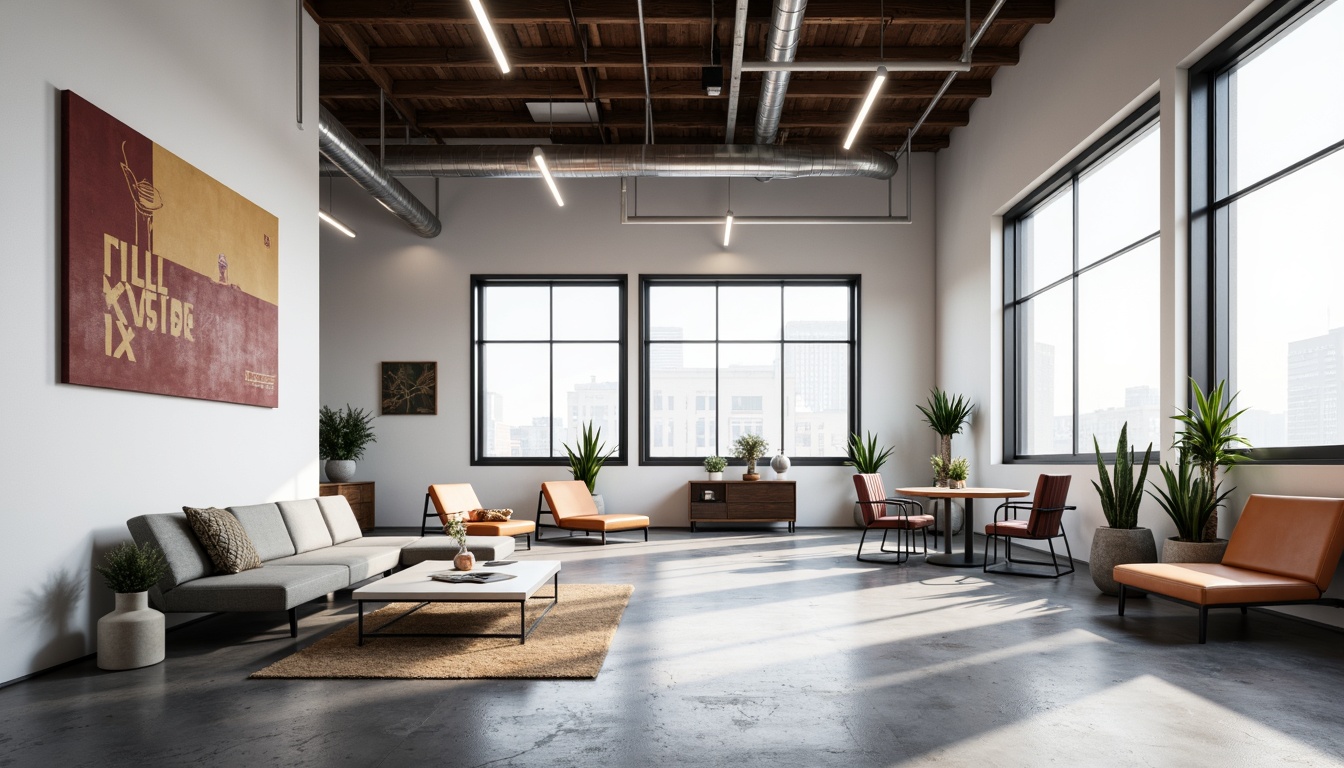 Prompt: Geometric shapes, minimal ornamentation, functional simplicity, open floor plans, industrial materials, exposed ductwork, steel beams, polished concrete floors, white walls, rectangular windows, sliding glass doors, modernist furniture, tubular chairs, geometric lighting fixtures, primary color schemes, bold typography, urban loft atmosphere, high ceilings, natural light pouring in, dramatic shadows, 1/1 composition, realistic textures, subtle ambient occlusion.