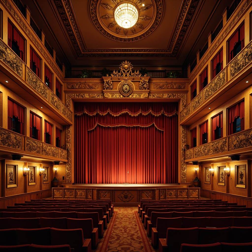 Prompt: Traditional performing arts center, ornate wooden interiors, intricately carved decorations, plush red velvet curtains, golden lighting fixtures, tiered seating areas, classic architectural details, warm earthy tones, rich wood textures, sound-absorbing panels, acoustic diffusers, resonance control systems, precise sound calibration, intimate ambiance, soft warm lighting, 1/2 composition, medium depth of field, realistic textures.