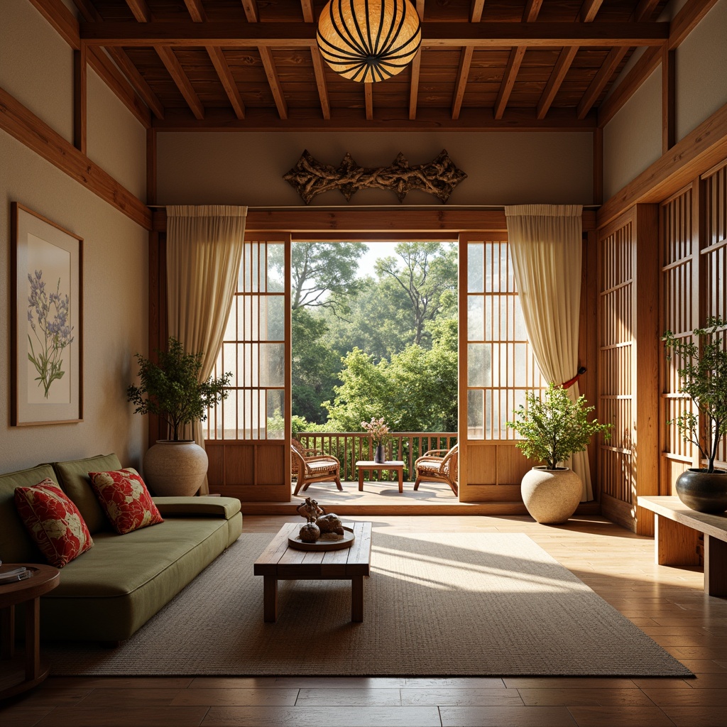 Prompt: Traditional Japanese sliding doors, rice paper lanterns, natural wood accents, woven bamboo furniture, intricately carved wooden decorations, vibrant silk fabrics, minimal ornate vases, bonsai trees, stone or ceramic sculptures, earthy tone color palette, warm soft lighting, shallow depth of field, 1/2 composition, realistic textures, ambient occlusion.