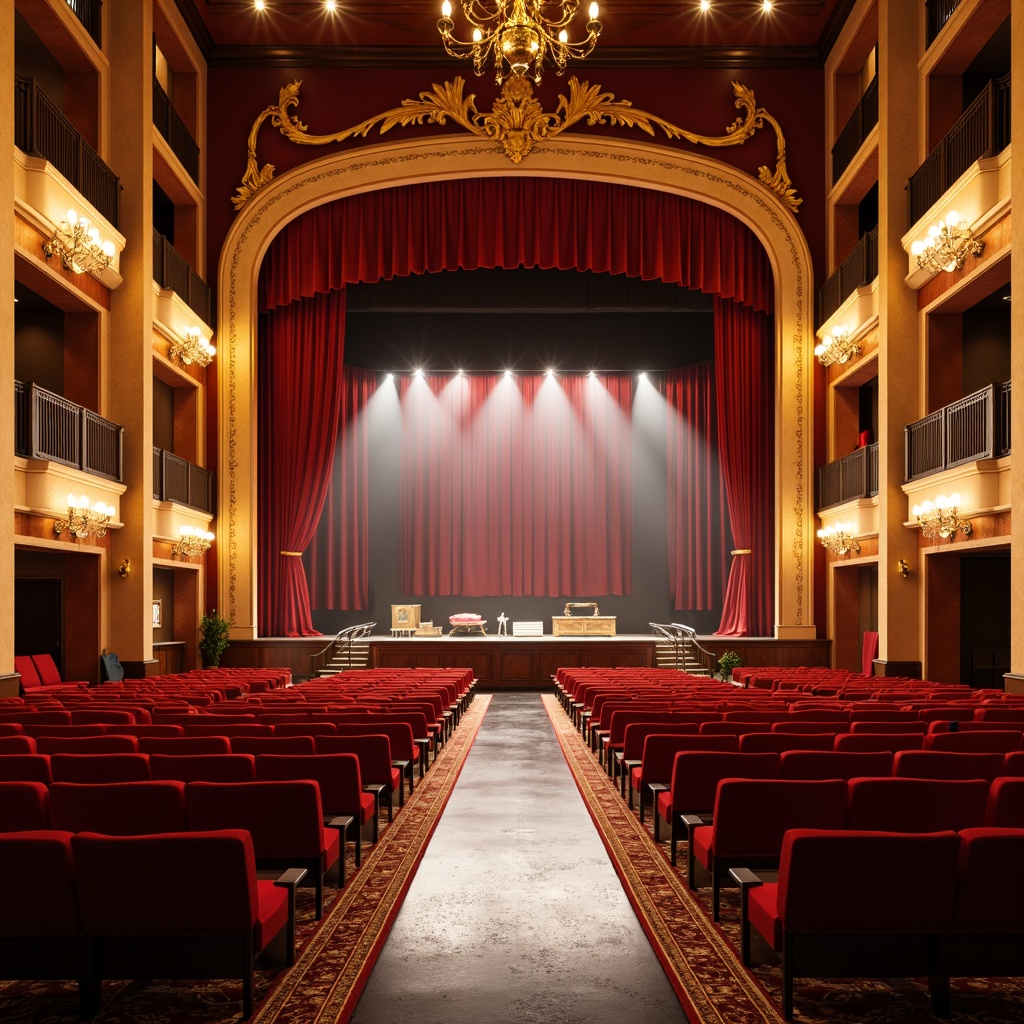 Prompt: Vibrant auditorium, rich velvet curtains, warm golden lighting, luxurious seating, polished wooden floors, ornate chandeliers, grandiose stage, majestic red drapes, elegant cream walls, sophisticated dark wood accents, plush crimson chairs, intricate patterned rugs, soft warm spotlights, 1/1 composition, cinematic color grading, realistic fabric textures, ambient occlusion.