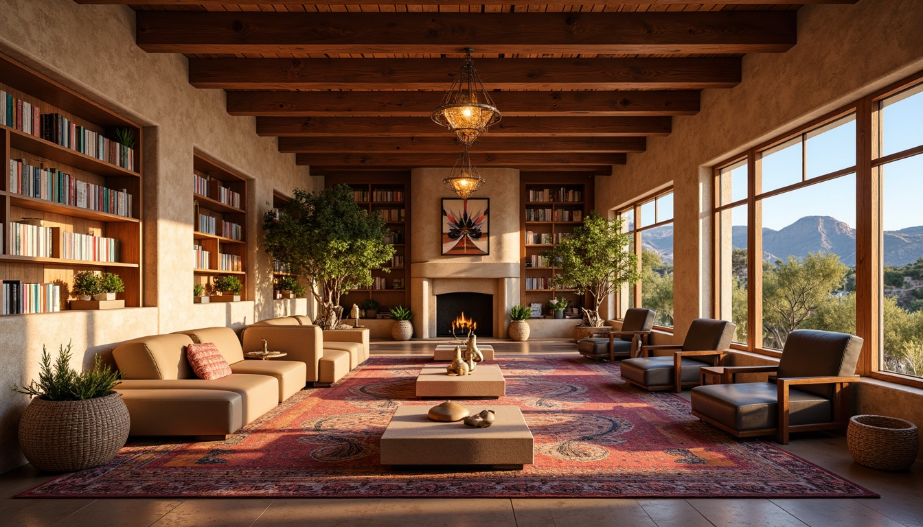 Prompt: Warm and inviting southwestern-style library, natural stone walls, wooden beam ceilings, earthy color palette, cozy reading nooks, plush furnishings, soft warm lighting, table lamps, floor lamps, pendant lights, warm-toned wood accents, woven textiles, vibrant Native American-inspired patterns, large windows with desert landscape views, clear blue skies, gentle sunlight filtering through, ambient occlusion, shallow depth of field, 3/4 composition, realistic textures.