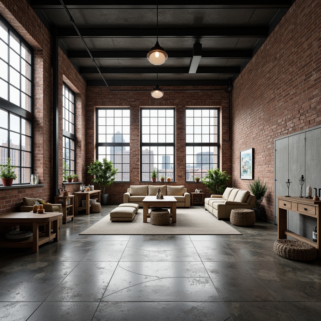 Prompt: Industrial factory setting, exposed brick walls, metal beams, concrete floors, minimalist decor, functional lighting, neutral color palette, raw materials, utilitarian furniture, reclaimed wood accents, steel windows, industrial-style lighting fixtures, urban landscape views, cloudy day, soft diffused light, shallow depth of field, 1/1 composition, realistic textures, ambient occlusion.