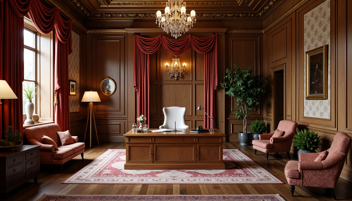 Prompt: Elegant home office, rich wood paneling, ornate moldings, warm earthy tones, vintage furniture pieces, luxurious velvet drapes, intricate wallpaper patterns, gold leaf accents, crystal chandeliers, soft diffused lighting, 1/1 composition, shallow depth of field, realistic textures, ambient occlusion.