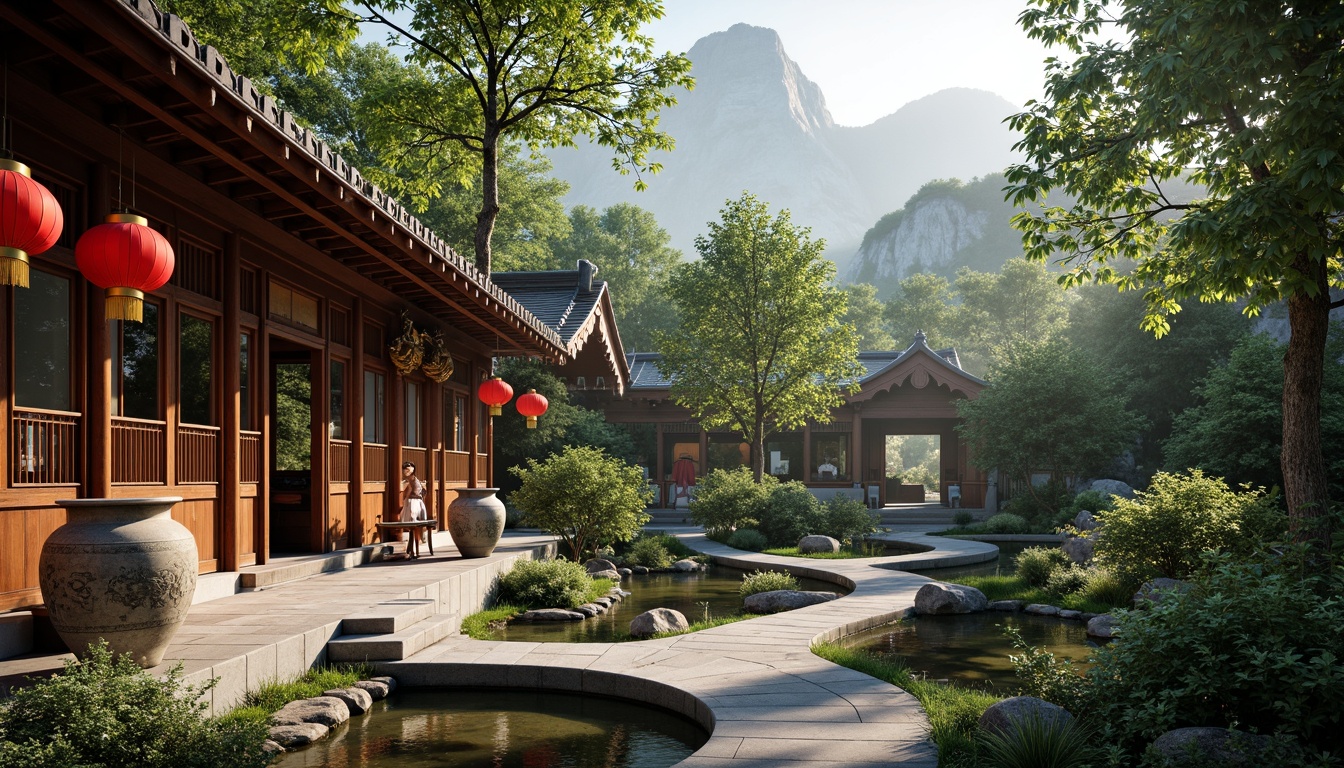 Prompt: Traditional temple architecture, intricately carved wooden doors, vibrant red lanterns, majestic golden dragons, delicate porcelain vases, ornate bronze fixtures, lush green bamboo forests, misty mountain landscapes, serene water gardens, peaceful koi ponds, rustic stone pathways, aged wooden bridges, soft warm lighting, shallow depth of field, 1/1 composition, realistic textures, ambient occlusion.