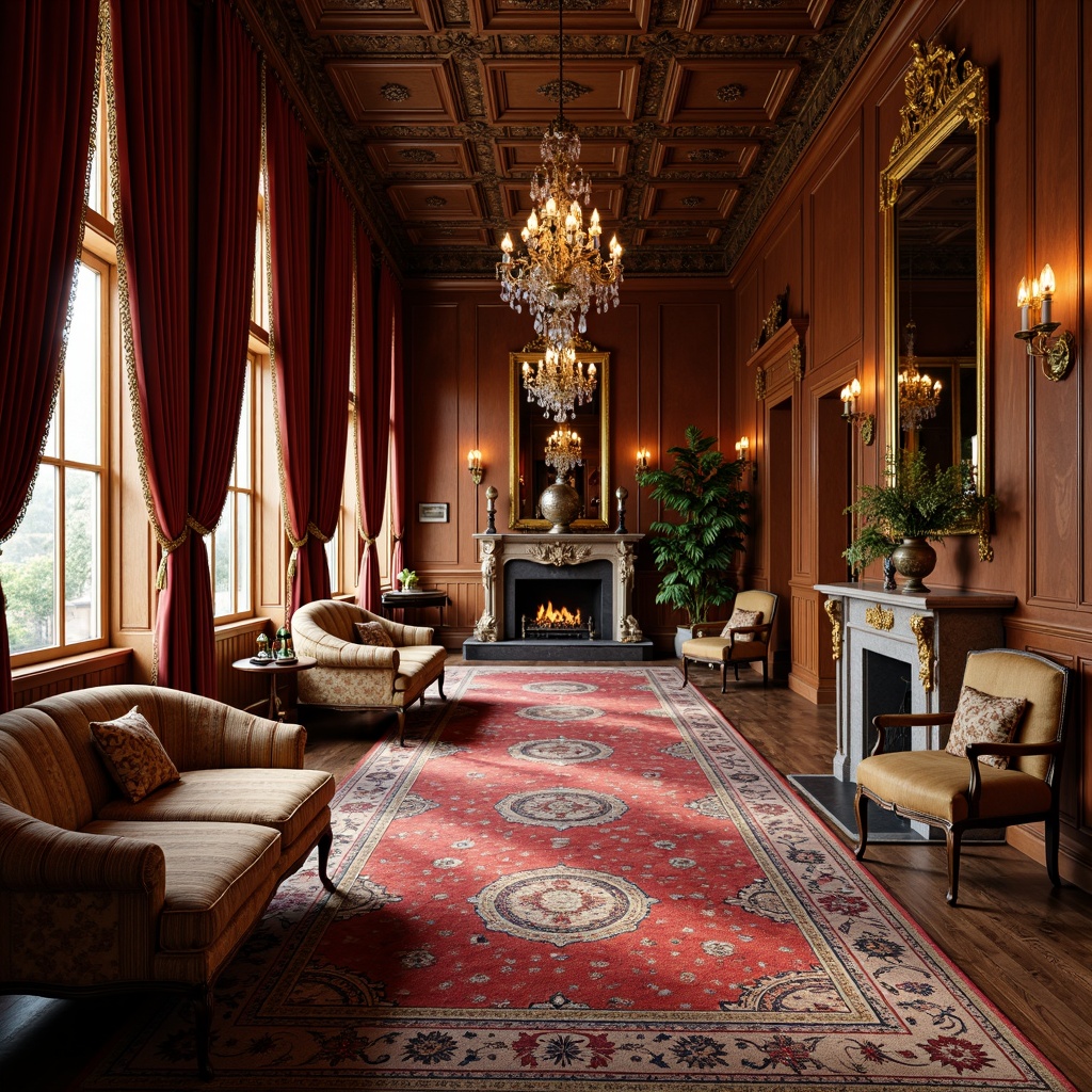 Prompt: Luxurious velvet drapes, intricately patterned rugs, richly embroidered upholstery, ornate wooden furniture, carved mahogany paneling, opulent silk fabrics, heavy brocade curtains, tassel-trimmed pillows, gilded mirrors, crystal chandeliers, grandiose fireplaces, lavish wallcoverings, intricate lace trimmings, soft golden lighting, 1/1 composition, shallow depth of field, warm color palette.