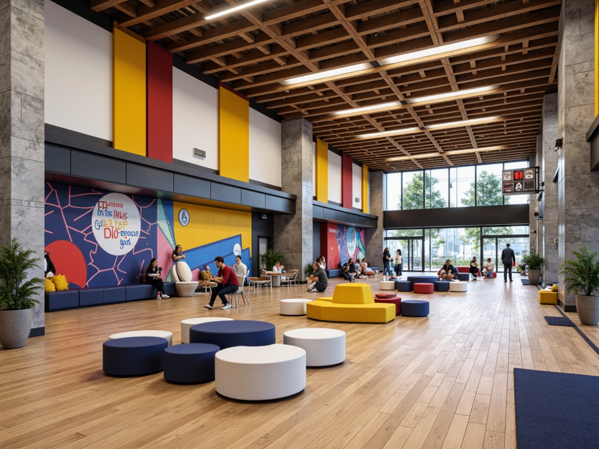 Prompt: Modern gymnasium interior, bold color blocking, abstract patterned textiles, vibrant sports-themed murals, sleek metallic accents, polished wood flooring, natural stone walls, geometric-shaped pillars, floor-to-ceiling windows, abundant natural light, softbox lighting, shallow depth of field, 3/4 composition, panoramic view, realistic textures, ambient occlusion, dynamic athletic equipment, minimalist seating areas, contemporary sculptures, urban-inspired graffiti, eclectic furniture arrangements, bold typography signage.