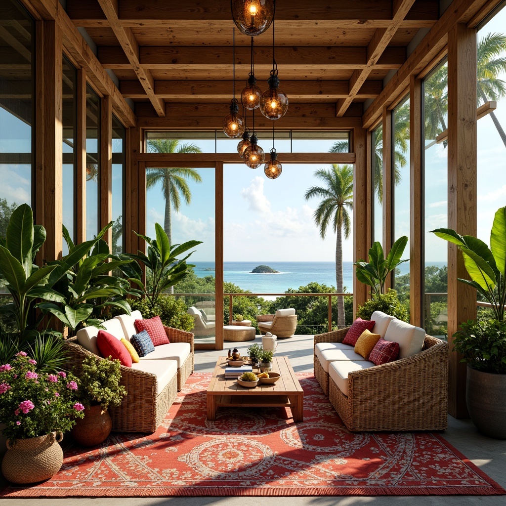 Prompt: Vibrant tropical colors, lush greenery, exotic plants, natural materials, wooden accents, rattan furniture, colorful textiles, bold patterned rugs, statement lighting fixtures, warm ambient glow, spacious open-plan layout, high ceilings, large windows, sliding glass doors, ocean views, beachy vibe, coastal architecture, sustainable design, eco-friendly materials, reclaimed wood, bamboo elements, woven fibers, tropical flowers, palm trees, bright sunny day, soft warm lighting, shallow depth of field, 3/4 composition, panoramic view.