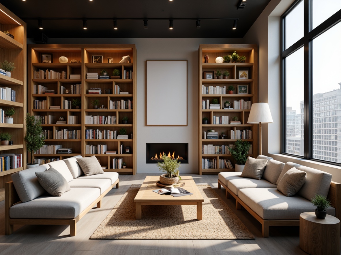 Prompt: Cozy bookstore interior, minimalist decor, wooden shelves, comfortable sofas, plush cushions, soft warm lighting, natural wood accents, geometric patterns, monochromatic color scheme, Scandinavian-inspired design, floor-to-ceiling windows, urban city view, 1/2 composition, shallow depth of field, realistic textures, ambient occlusion.