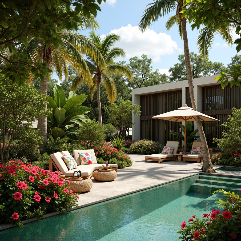 Prompt: Vibrant tropical garden, exotic palm trees, colorful hibiscus flowers, natural wooden accents, woven rattan furniture, bright turquoise water features, lush green walls, modern island-inspired architecture, large sliding glass doors, airy open spaces, warm sunny lighting, shallow depth of field, 1/1 composition, realistic textures, ambient occlusion, refreshing misting systems, bamboo ceiling fans, coral-inspired patterns, bold colorful textiles, intricate floral motifs.