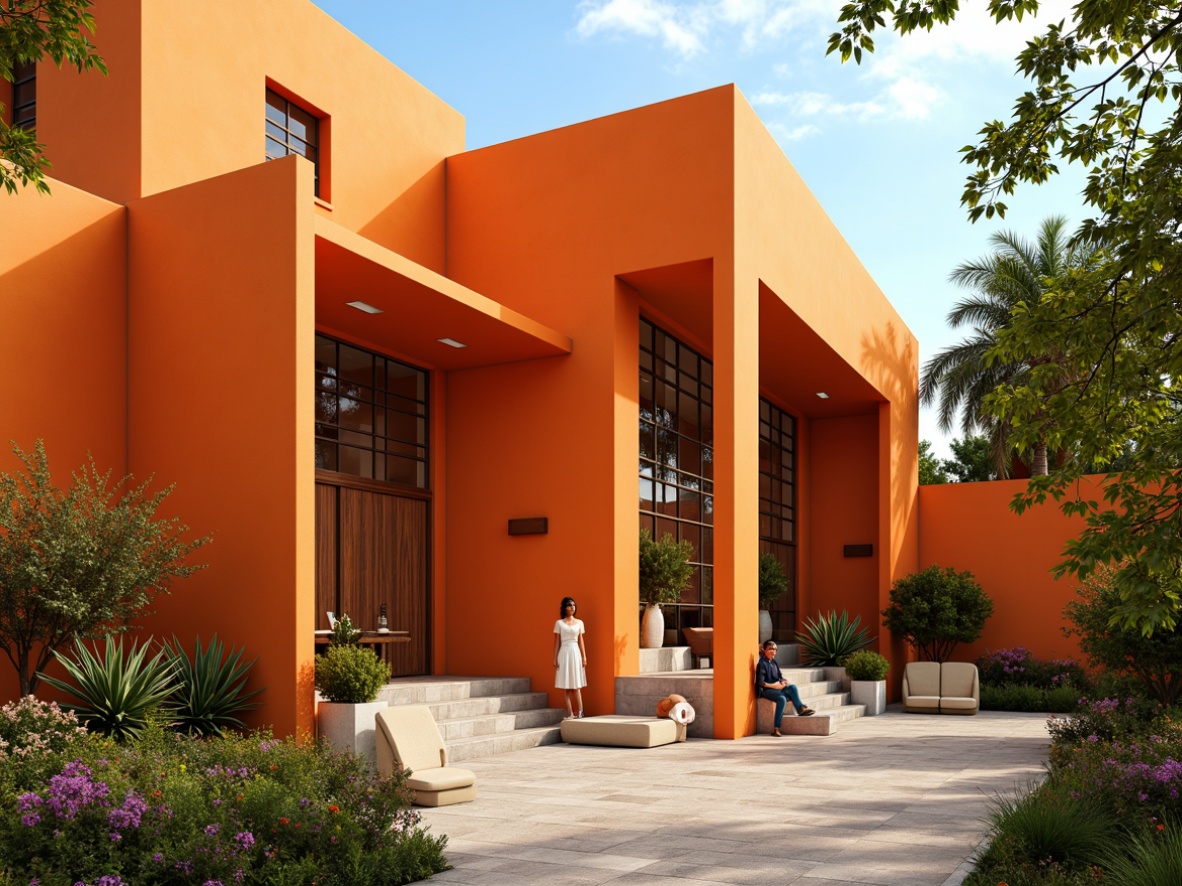 Prompt: Vibrant tangerine hues, modern religious architecture, sleek curves, angular lines, minimalist design, natural stone walls, stained glass windows, intricate geometric patterns, ornate wooden doors, lush greenery, blooming flowers, serene atmosphere, soft warm lighting, shallow depth of field, 3/4 composition, panoramic view, realistic textures, ambient occlusion.