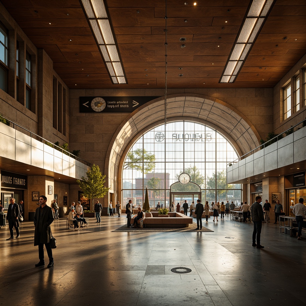 Prompt: Retro-futuristic train station, mid-century modern architecture, sleek lines, geometric shapes, vibrant color schemes, informational signs, directional arrows, illuminated displays, backlit signage, minimalist typography, clean sans-serif fonts, metallic materials, polished chrome accents, warm wood tones, organic textures, bustling passenger traffic, rush hour scenes, natural light pouring in, high ceilings, grand entrances, retro-style clocks, nostalgic atmosphere, soft warm lighting, shallow depth of field, 1/2 composition, realistic reflections.