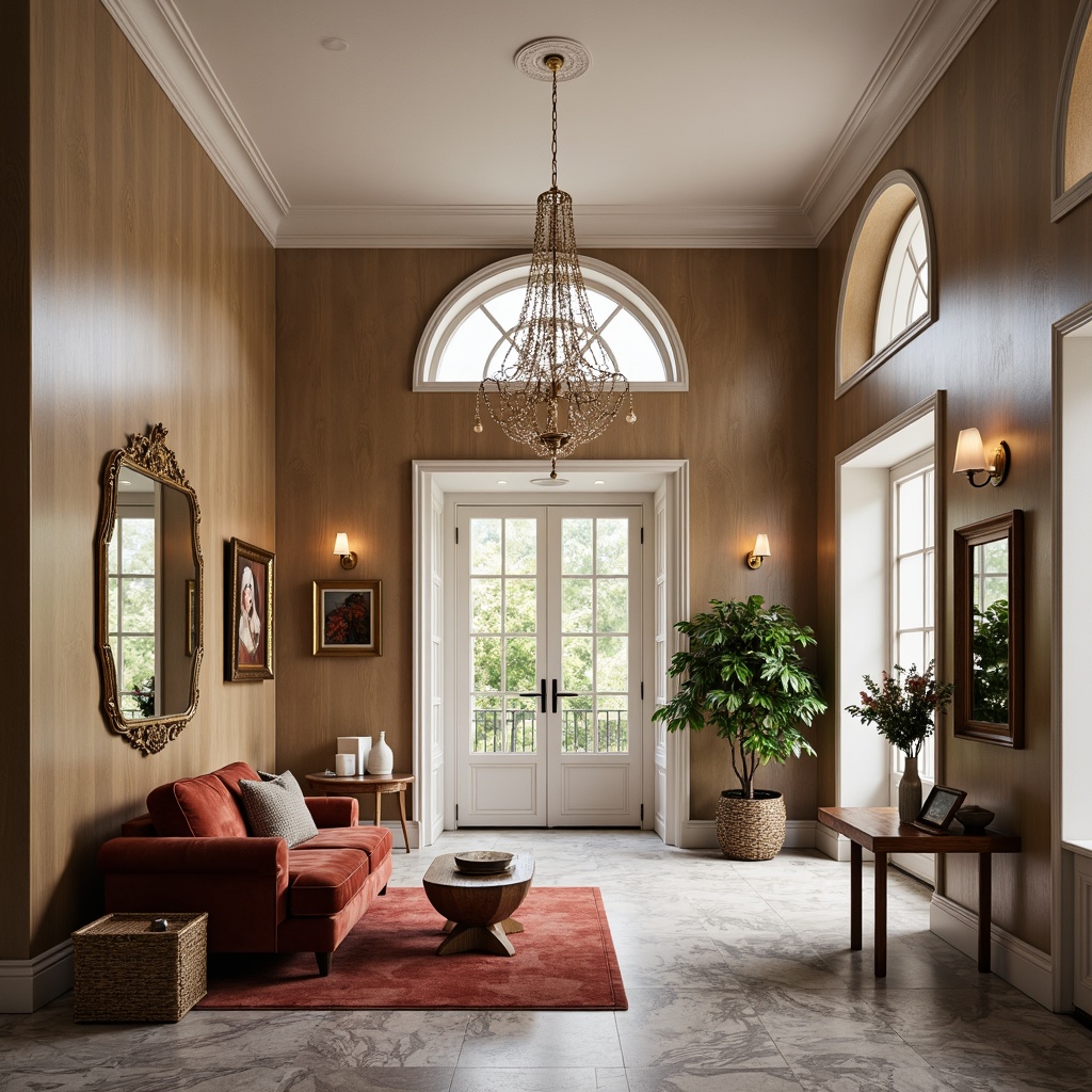 Prompt: Elegant entrance hall, high ceilings, marble flooring, grand chandelier, luxurious furnishings, velvet sofas, wooden coffee tables, ornate mirrors, sophisticated color palette, soft warm lighting, 1/1 composition, realistic textures, ambient occlusion, minimalist decor, Scandinavian-inspired design, modern metallic accents, plush area rugs, stylish console tables.