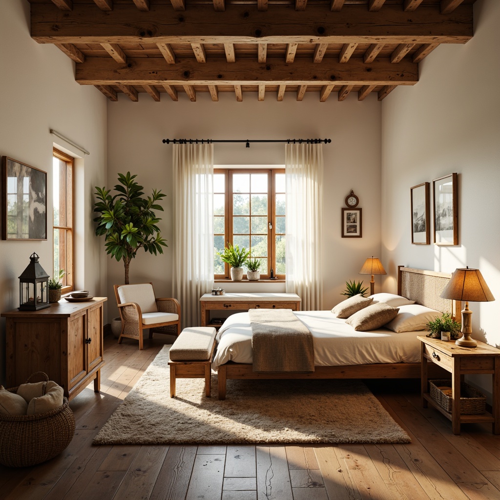 Prompt: Rustic farmhouse bedroom, soft warm lighting, vintage metal lanterns, wooden beam ceiling, creamy white walls, plush area rug, comfortable reading nook, natural linen fabrics, woven baskets, distressed wood furniture, earthy color palette, warm candlelight, table lamps with burlap shades, floor lamps with rattan details, cozy window seat, sheer curtains with lace trim, morning sunlight, soft shadows, warm atmosphere, 1/1 composition, realistic textures, ambient occlusion.