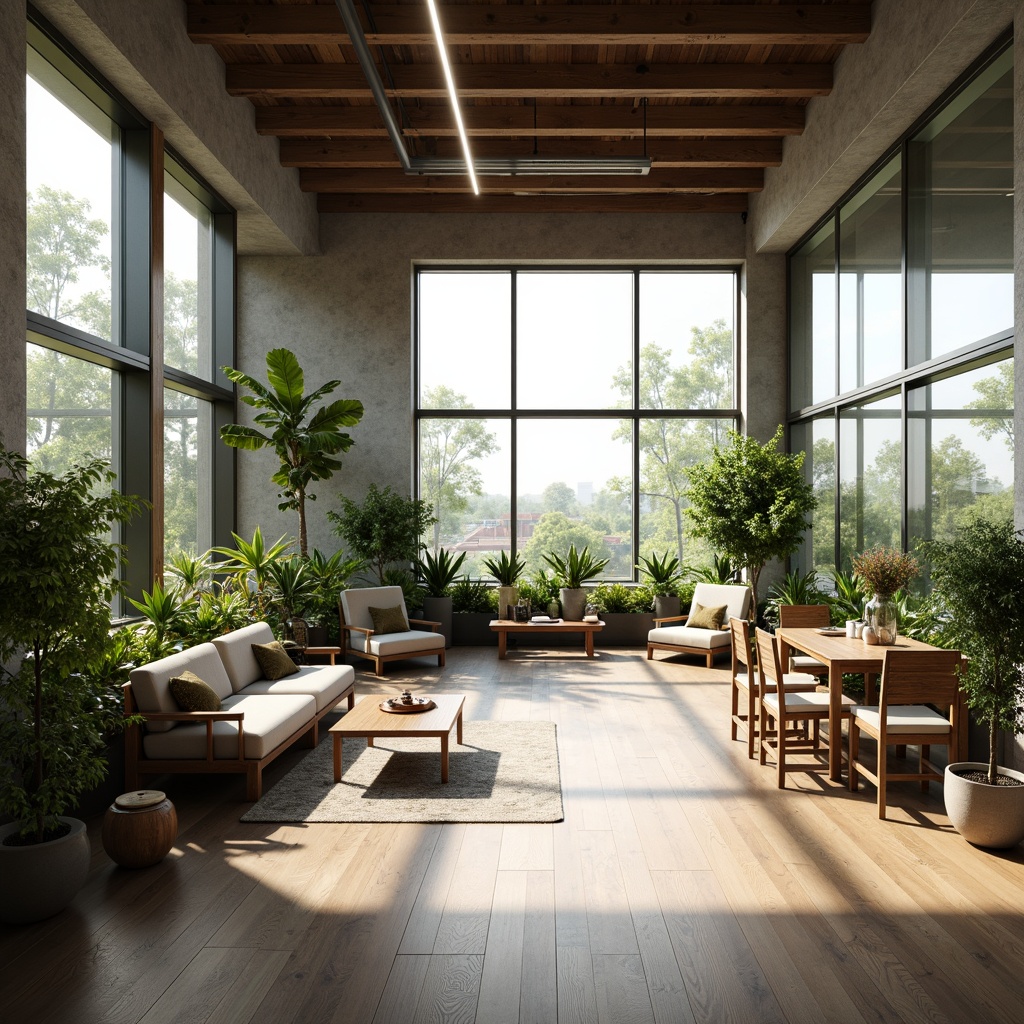 Prompt: Minimalist open-plan office, abundant natural light, floor-to-ceiling windows, sleek wooden flooring, modern minimalist furniture, greenery walls, vibrant plants, soft warm lighting, shallow depth of field, 3/4 composition, panoramic view, realistic textures, ambient occlusion.