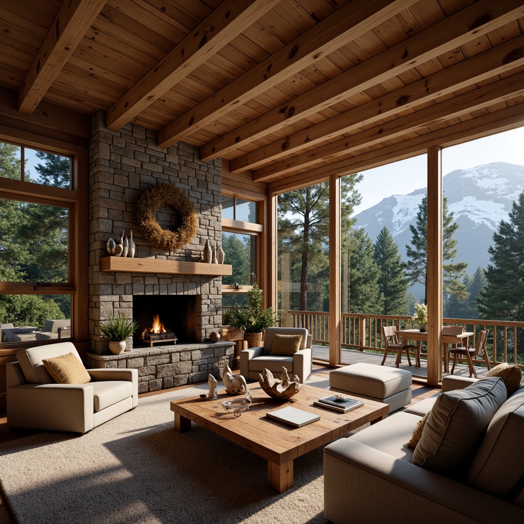 Prompt: Rustic mountain lodge, exposed wooden beams, natural wood textures, earthy color palette, stone fireplace, cozy living room, plush furnishings, warm ambient lighting, shallow depth of field, 1/2 composition, realistic wood grain details, soft focus effect, serene forest surroundings, snow-capped mountains, misty morning atmosphere.