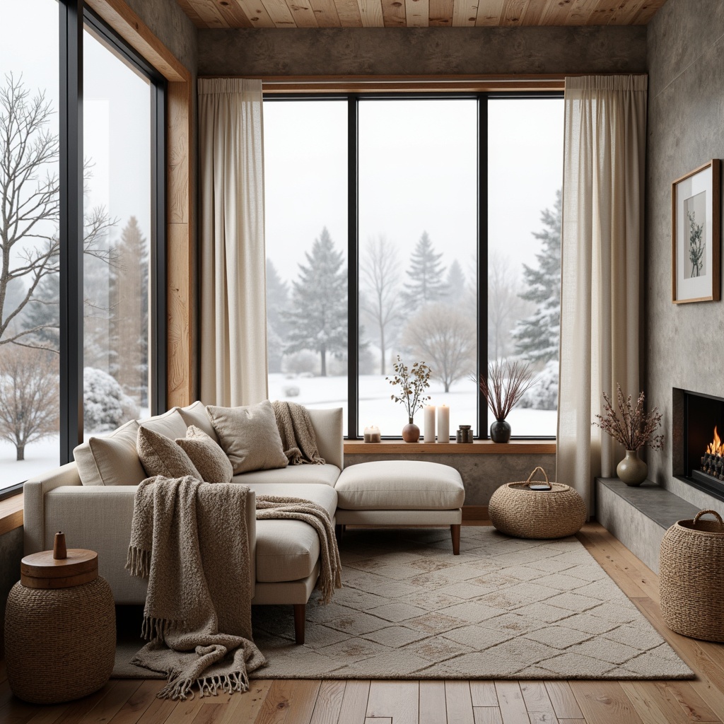 Prompt: Cozy Nordic living room, plush throw blankets, natural wool fabrics, woven baskets, wooden furniture accents, minimalist decor, monochromatic color scheme, soft ambient lighting, warm beige tones, tactile velvet textures, organic linen upholstery, botanical prints, nature-inspired patterns, Scandinavian modern architecture, large windows, rustic wooden floors, snow-covered landscapes, frosty winter mornings, warm candlelight, 1/1 composition, shallow depth of field, realistic fabric simulations.