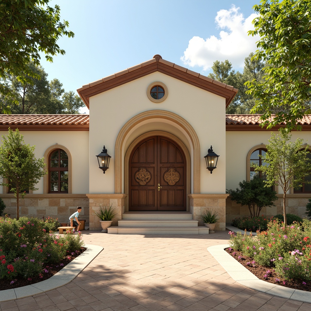 Prompt: Grand kindergarten entrance, ornate wooden doors, classic pediment, rounded archways, decorative columns, soft cream walls, warm beige floors, traditional roof tiles, lush greenery, vibrant flowerbeds, playful playground equipment, colorful ceramic murals, intricate stone carvings, rustic metal lanterns, sunny afternoon, gentle warm lighting, shallow depth of field, 1/1 composition, realistic textures, ambient occlusion.