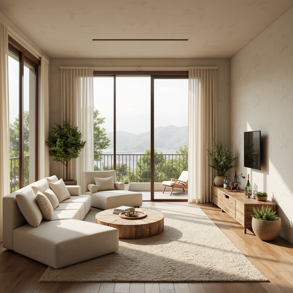 Prompt: Calming living room, soft beige walls, creamy white furniture, gentle curves, plush area rugs, natural wood accents, warm neutral tones, minimal decor, floor-to-ceiling windows, lush green plants, subtle texture overlays, ambient softbox lighting, shallow depth of field, 2/3 composition, serene atmosphere, realistic fabric simulations, cozy reading nook, comfortable seating arrangements.