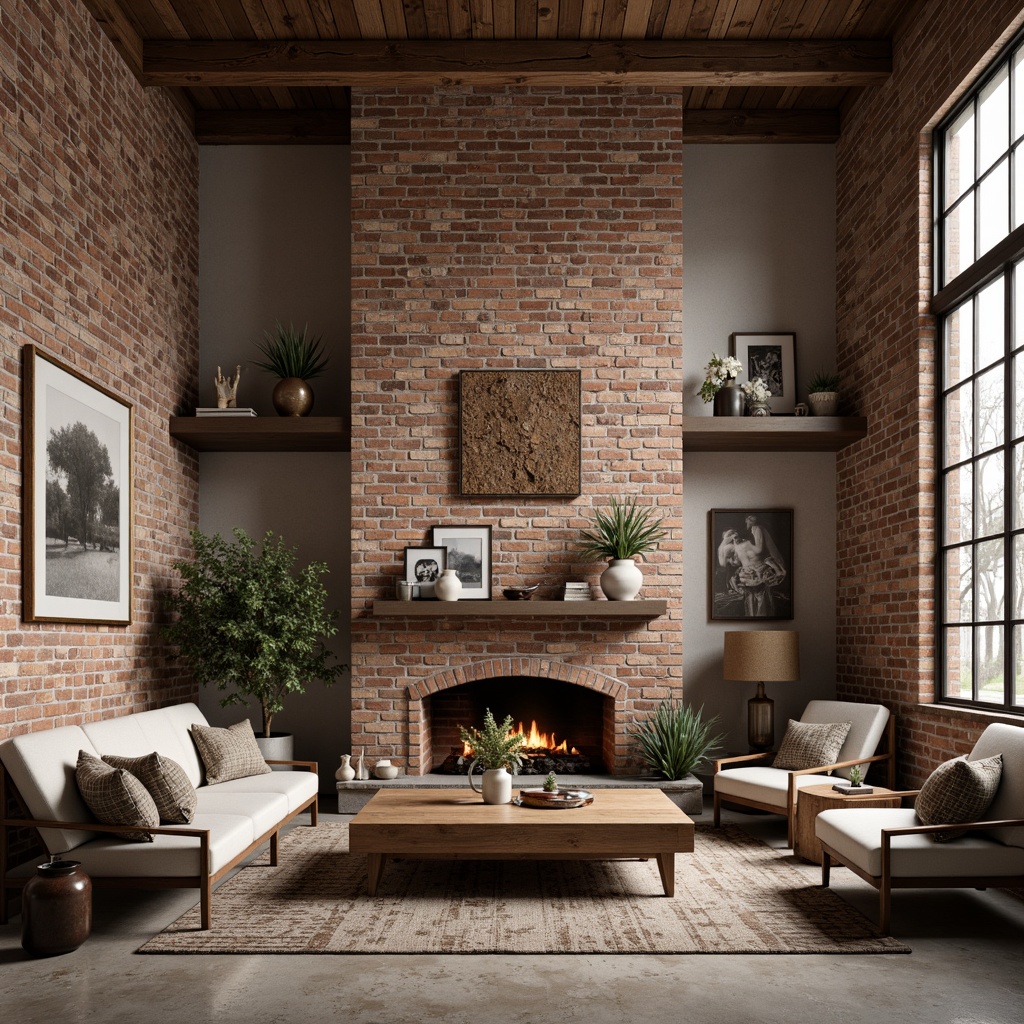 Prompt: Exposed brick walls, reclaimed wood accents, natural stone textures, earthy color palette, organic patterns, distressed finishes, vintage decorative elements, industrial-chic aesthetic, urban loft atmosphere, minimalist decor, warm ambient lighting, shallow depth of field, 1/1 composition, realistic renderings, subtle texture variations.