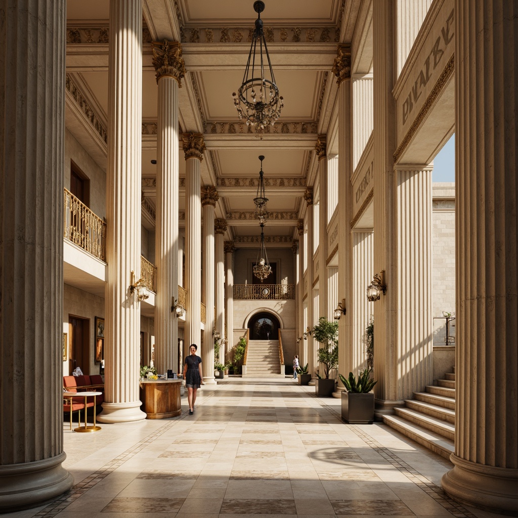 Prompt: Grand courthouse, majestic columns, ornate capitals, symmetrical fa\u00e7ade, neoclassical architecture, marble flooring, high ceilings, dramatic archways, grand staircase, ornate chandeliers, natural light pouring, warm beige tones, subtle shadows, 3/4 composition, realistic textures, ambient occlusion.