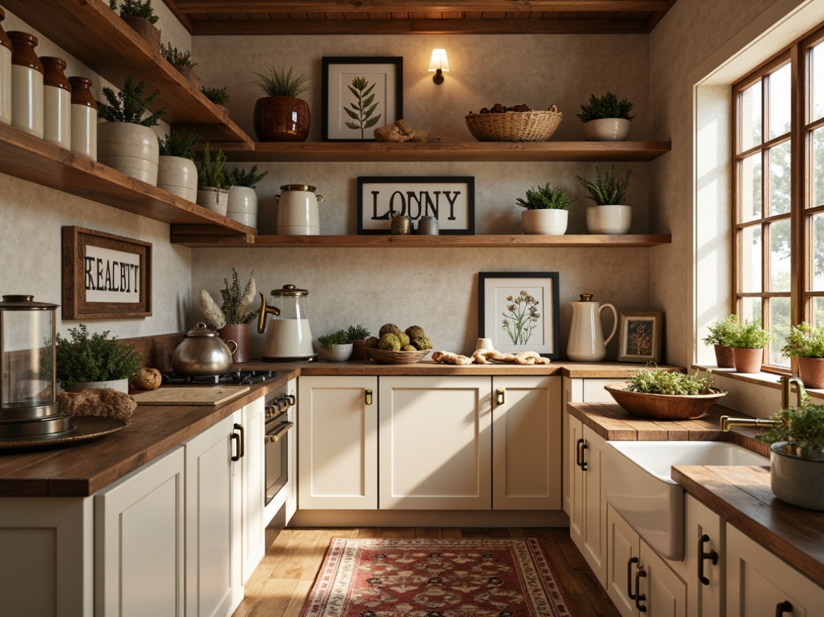 Prompt: Cozy pantry, warm lighting, rustic wooden shelves, vintage metal signs, distressed finishes, earthy tones, natural textures, farmhouse-inspired decor, open shelving, decorative canisters, ceramic jars, woven baskets, botanical prints, watercolor illustrations, soft color palette, gentle contrast, 1/2 composition, intimate atmosphere, warm beige walls, cream-colored cabinets, bronze hardware, subtle patterns.