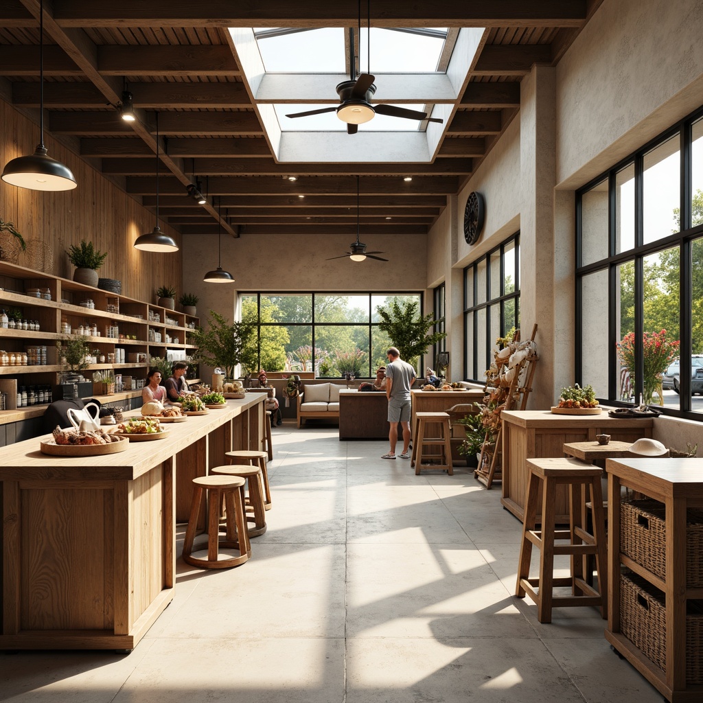 Prompt: Cozy grocery store interior, natural wood accents, minimal ornamentation, soft warm lighting, industrial metal shelves, earthy tone color palette, rustic wooden crates, woven baskets, pendant lamps, matte finish, subtle textures, calm atmosphere, Nordic-inspired simplicity, functional layout, abundant daylight, clerestory windows, warm beige tones, gentle shadows, 1/2 composition, soft focus, realistic reflections.