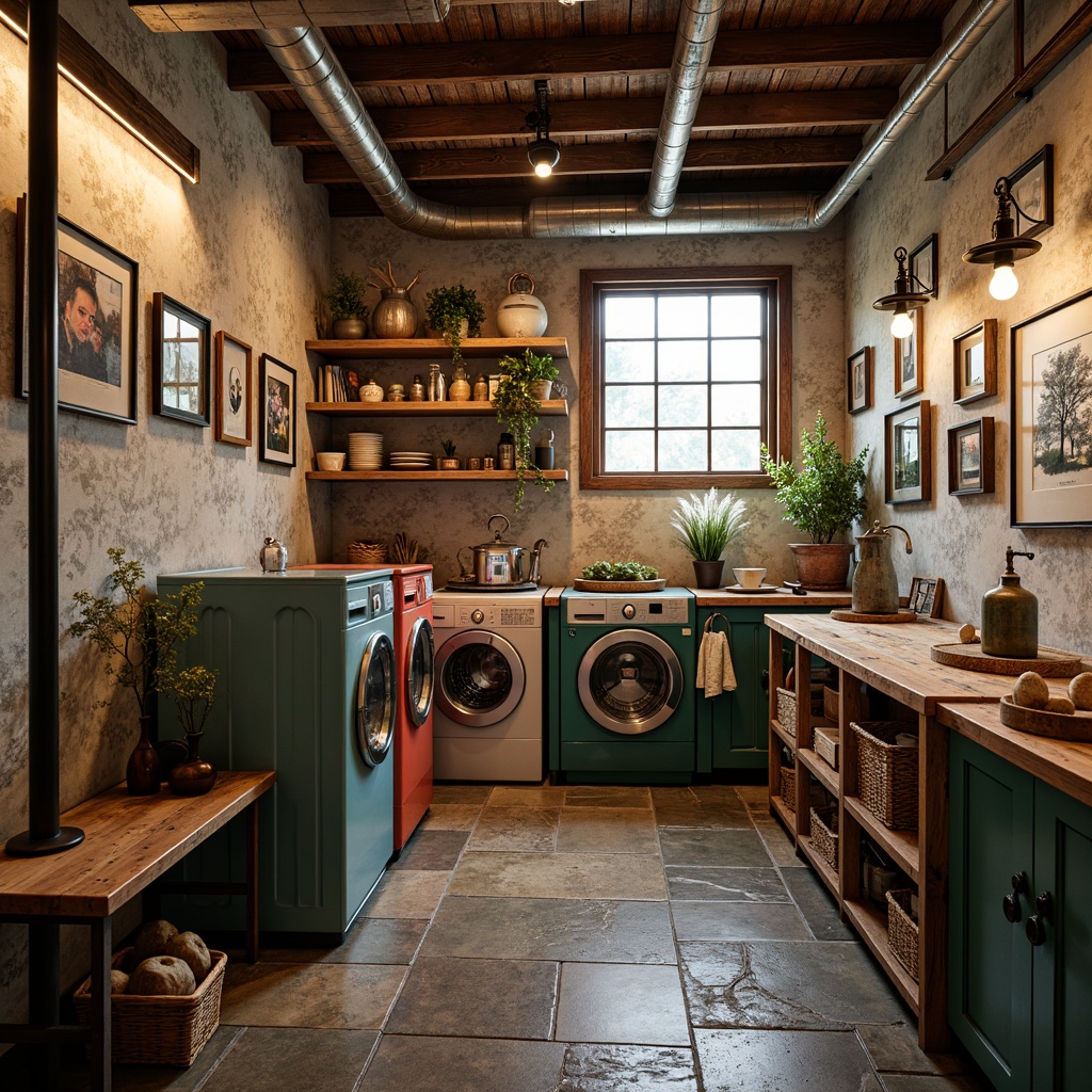 Prompt: Rustic laundry room, textured walls, distressed finishes, vintage washing machines, industrial pipes, exposed ductwork, eclectic decorative items, bold color schemes, playful geometric patterns, ornate metal fixtures, reclaimed wood accents, rough-hewn stone floors, warm soft lighting, shallow depth of field, 1/1 composition, intimate atmosphere, nostalgic ambiance.