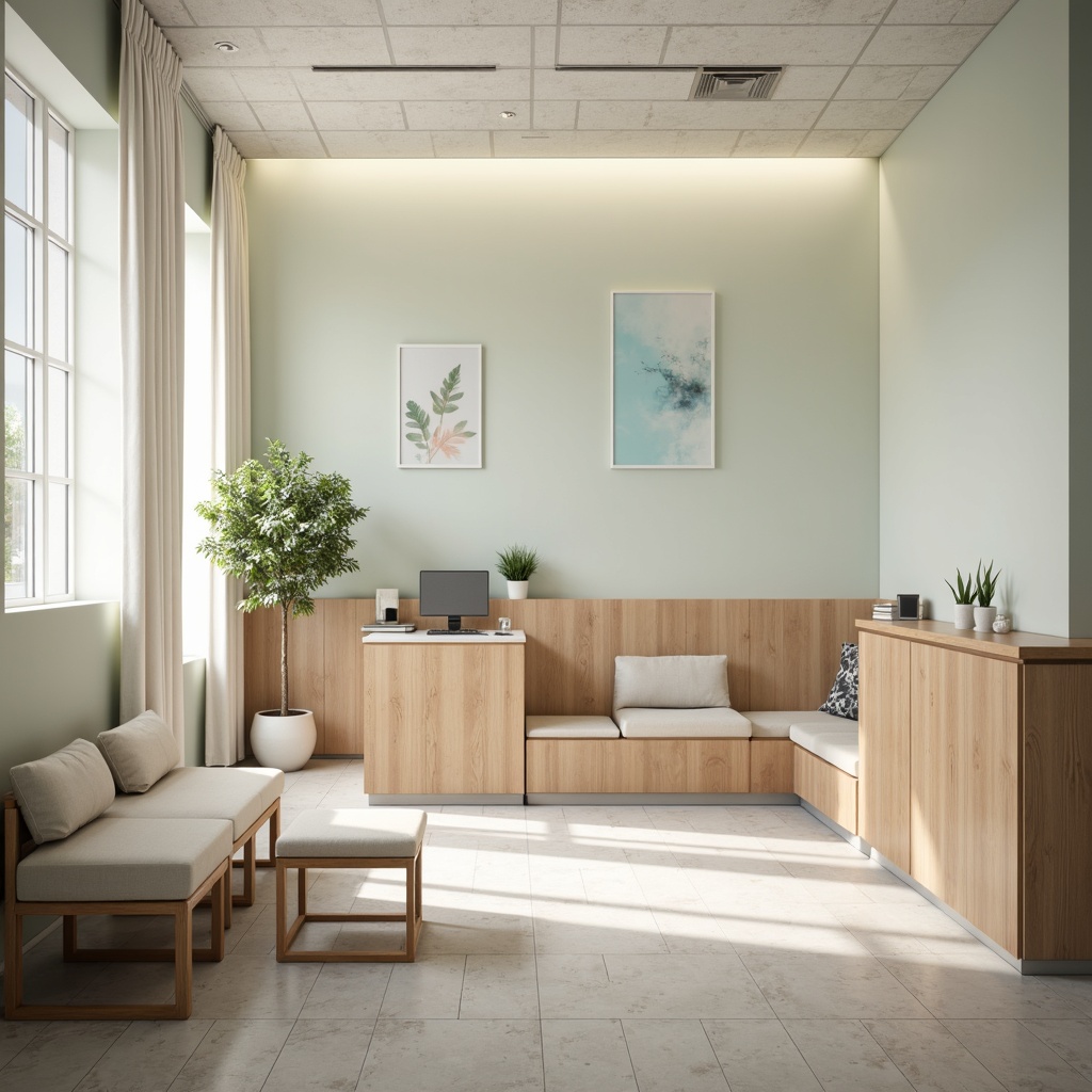 Prompt: Calming clinic atmosphere, soft pastel hues, gentle whites, creamy beiges, soothing blues, muted greens, warm wood accents, natural stone textures, minimal metallic elements, subtle patterned flooring, comfortable seating areas, relaxing ambient lighting, shallow depth of field, 1/1 composition, realistic renderings, ambient occlusion.