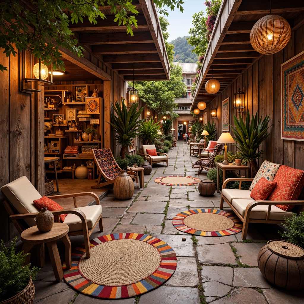 Prompt: Vibrant marketplace, eclectic furniture, distressed wood tones, rusty metal accents, colorful textiles, patterned rugs, lantern-style lighting, woven baskets, natural stone flooring, earthy color palette, bohemian-inspired decor, global cultural influences, lively atmosphere, dynamic composition, warm golden lighting, shallow depth of field, 1/1 aspect ratio, realistic textures.