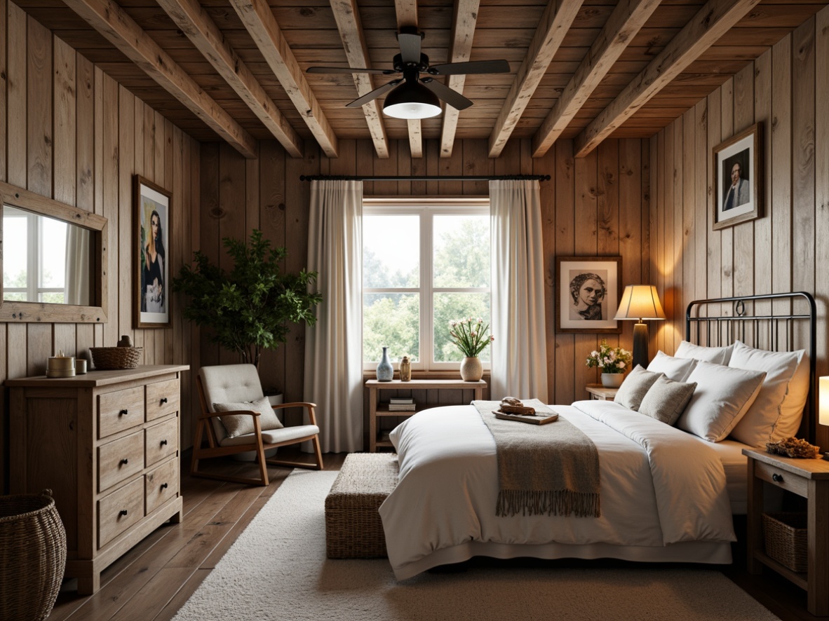 Prompt: Rustic farmhouse bedroom, reclaimed wood furniture, vintage metal frames, plush country-style bedding, soft candlelight, distressed finishes, natural linen fabrics, earthy color palette, wooden floorboards, exposed beams, cozy reading nook, comfortable armchair, woven baskets, antique decorative items, warm neutral tones, inviting atmosphere, 3/4 composition, shallow depth of field, soft focus, natural lighting.